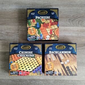 Classic Board Game Trio .Pacheesi Chinese Checkers Backgammon Retro Family Night